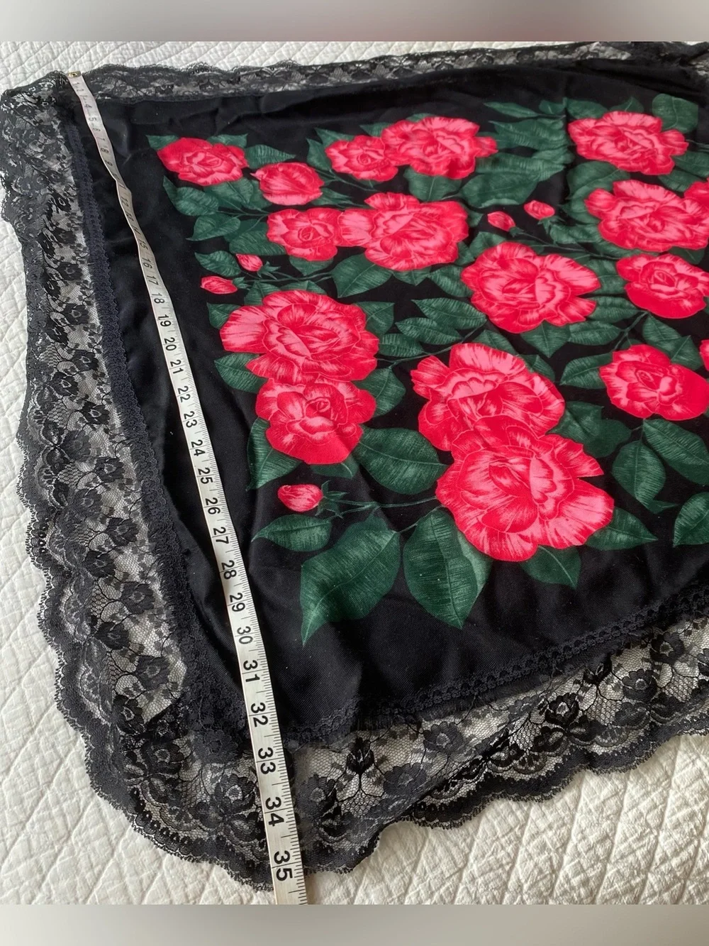 Black Floral Square Scarf Red Roses Lace Trim 35-inch square Whimsigoth Romantic